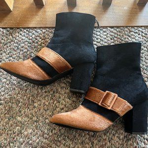 MACKINJ Women's Faux Suede/Fur Two Tone Pointed Tone Buckle High Heel Boot - 8.5